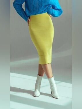 BCBGMaxAzria Bodycon Midi Bandaged Lemon-Lime Neon Skirt
